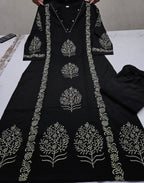 Midnight Bloom Handblock Cotton Kurti Pant Set