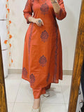 Rust Aura Handblock Cotton Kurti Pant Set