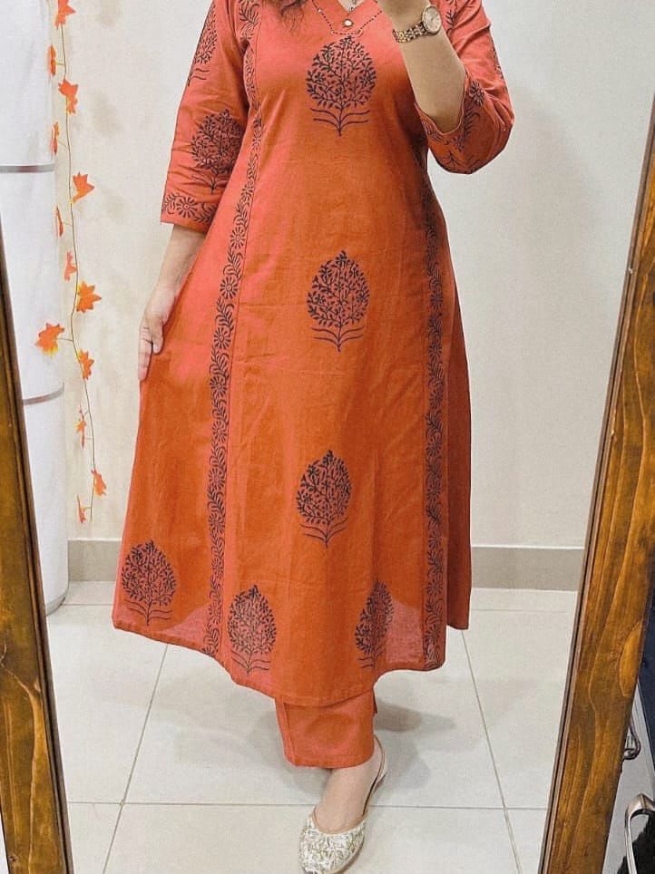 Rust Aura Handblock Cotton Kurti Pant Set