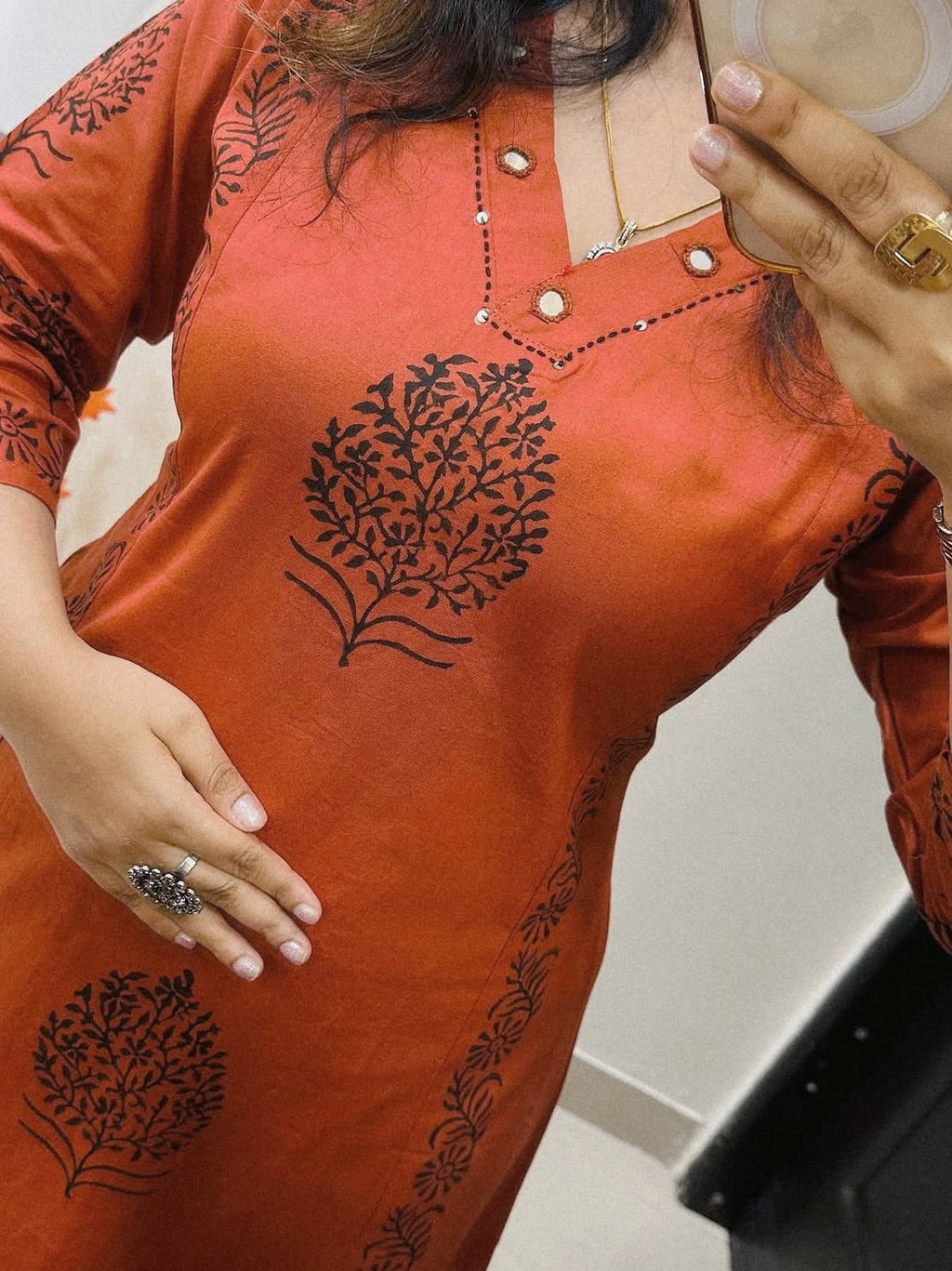 Rust Aura Handblock Cotton Kurti Pant Set