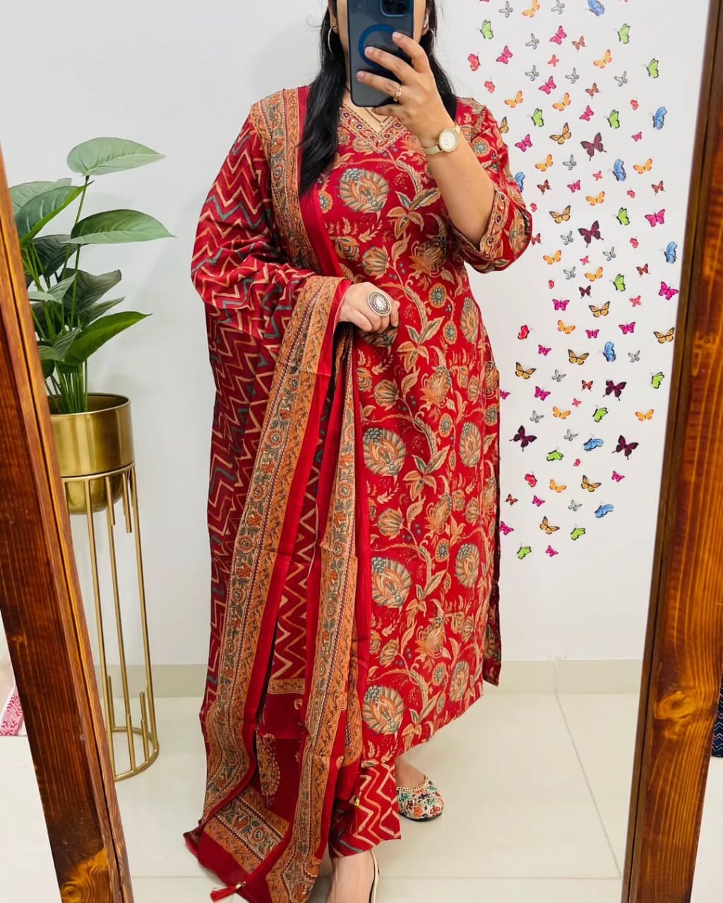 Salim Red Sequin Embellished Cotton Kurti Pant Set