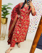 Salim Red Sequin Embellished Cotton Kurti Pant Set
