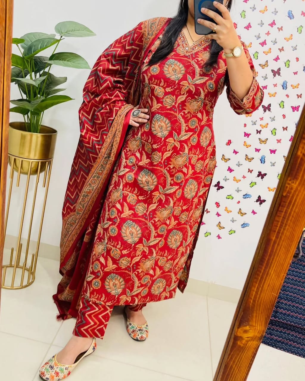 Salim Red Sequin Embellished Cotton Kurti Pant Set