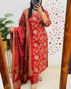 Salim Red Sequin Embellished Cotton Kurti Pant Set