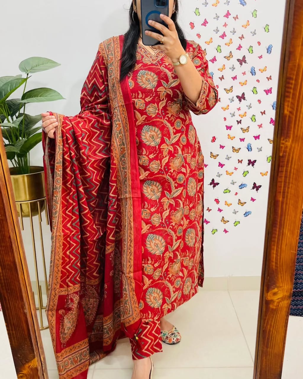Salim Red Sequin Embellished Cotton Kurti Pant Set