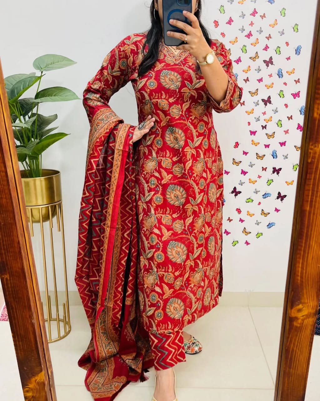 Salim Red Sequin Embellished Cotton Kurti Pant Set