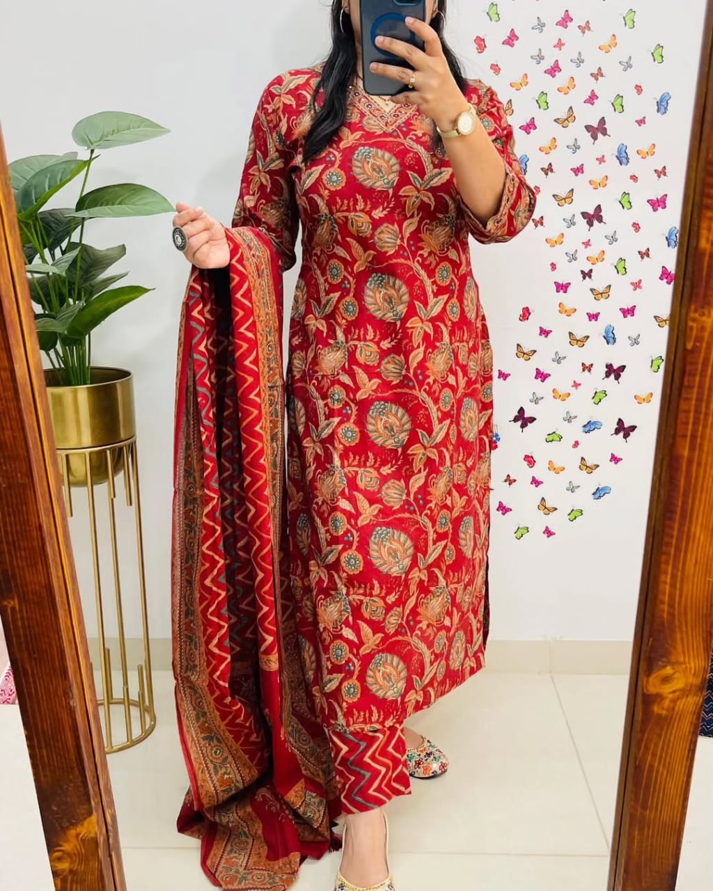 Salim Red Sequin Embellished Cotton Kurti Pant Set