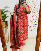 Salim Red Sequin Embellished Cotton Kurti Pant Set