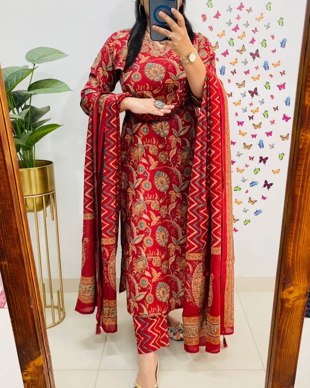 Salim Red Sequin Embellished Cotton Kurti Pant Set