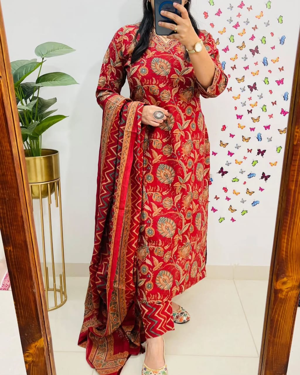 Salim Red Sequin Embellished Cotton Kurti Pant Set
