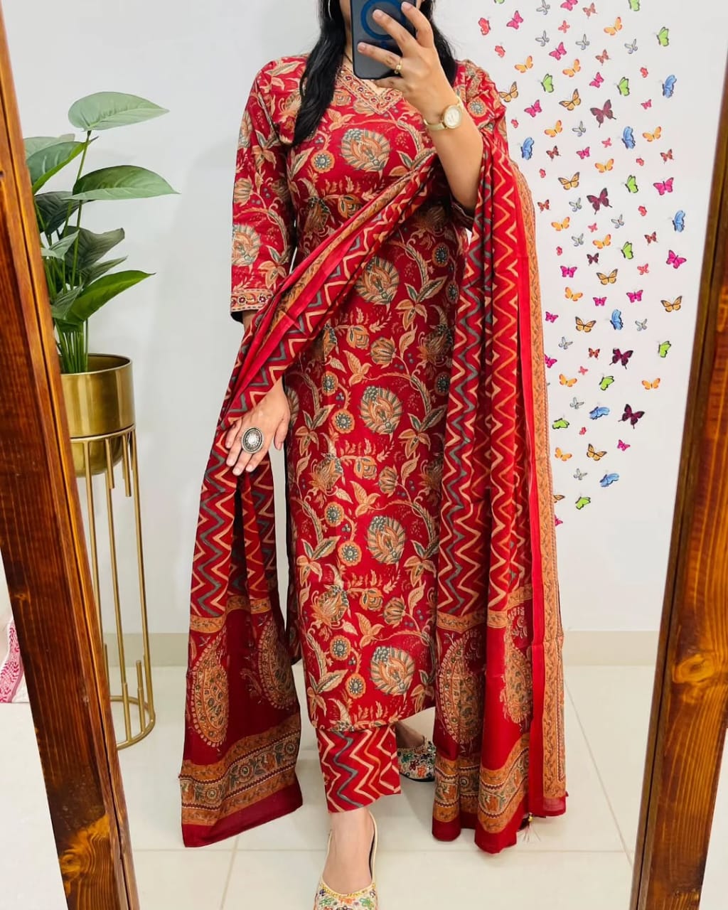 Salim Red Sequin Embellished Cotton Kurti Pant Set