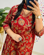 Salim Red Sequin Embellished Cotton Kurti Pant Set