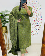 Salim Green Handcrafted Floral Cotton Kurti Set with Dupatta