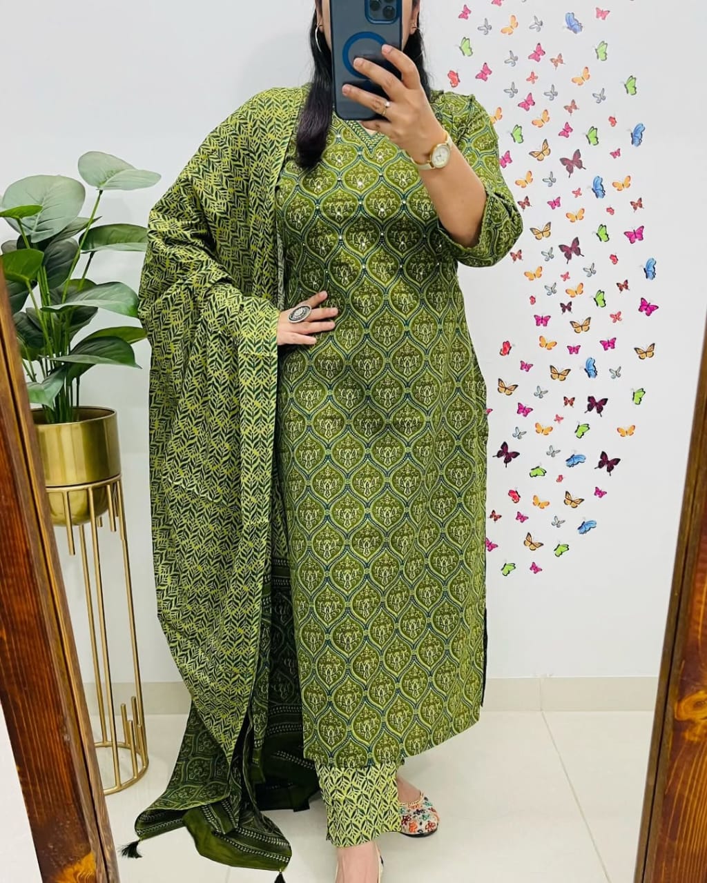 Salim Green Handcrafted Floral Cotton Kurti Set with Dupatta
