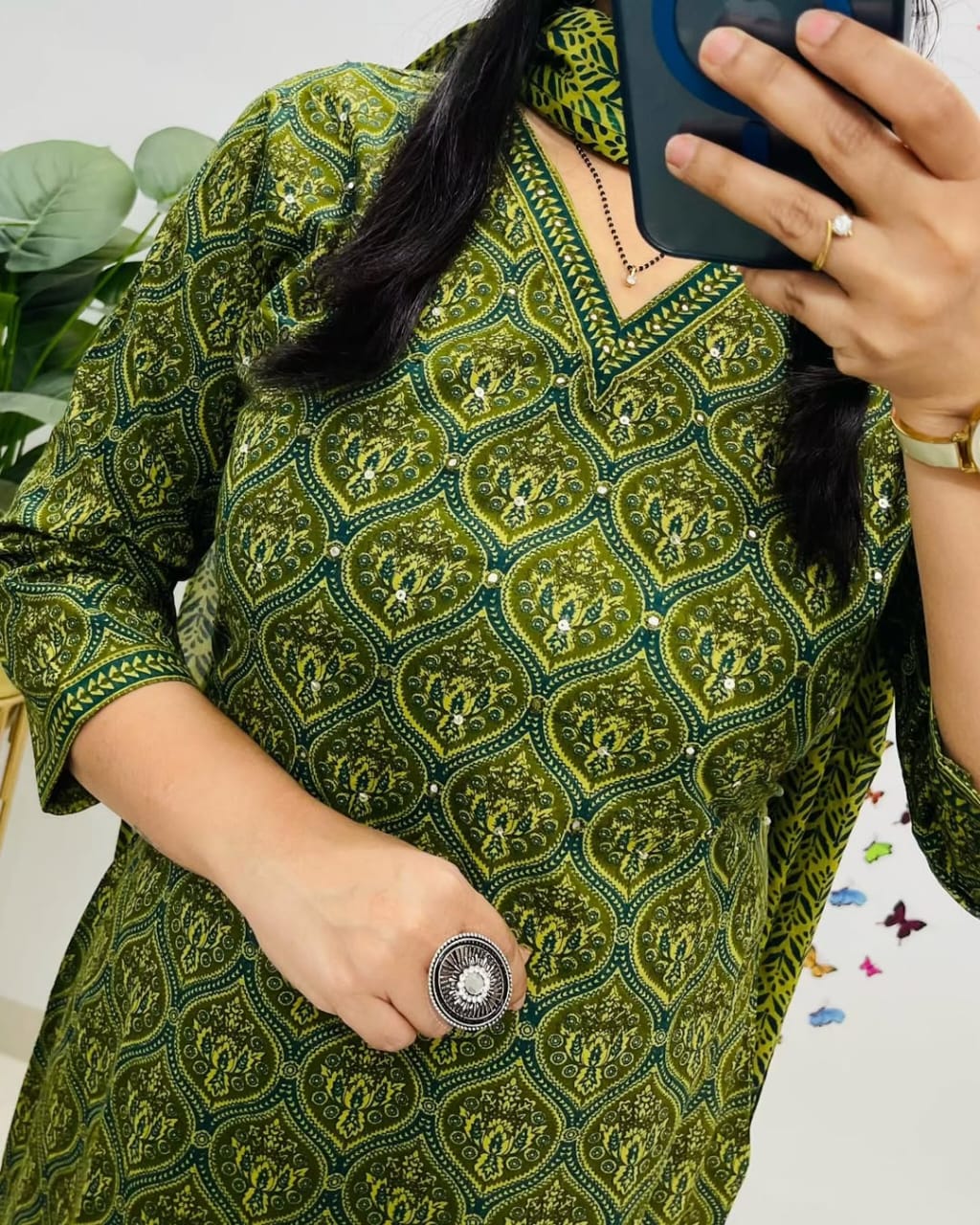 Salim Green Handcrafted Floral Cotton Kurti Set with Dupatta