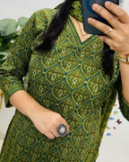 Salim Green Handcrafted Floral Cotton Kurti Set with Dupatta