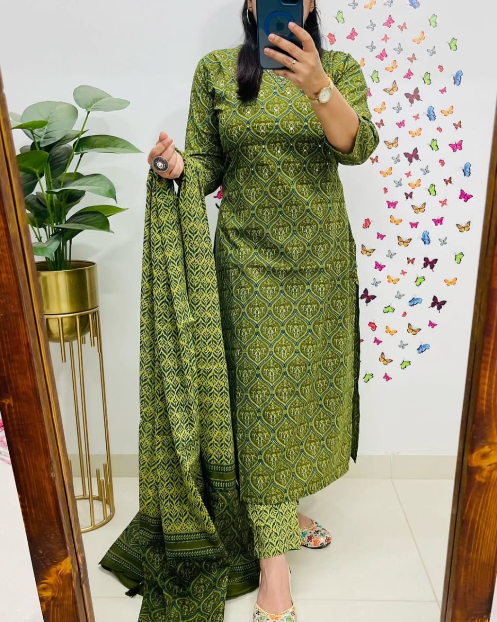Salim Green Handcrafted Floral Cotton Kurti Set with Dupatta