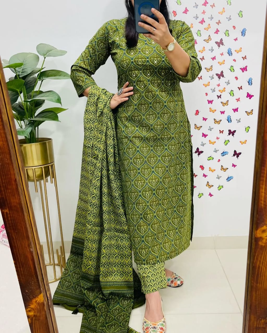 Salim Green Handcrafted Floral Cotton Kurti Set with Dupatta