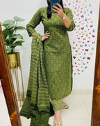 Salim Green Handcrafted Floral Cotton Kurti Set with Dupatta