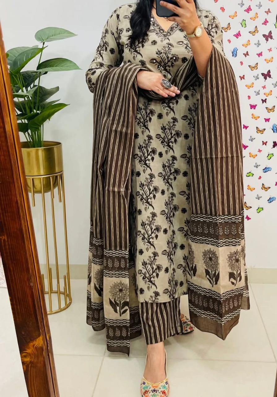 Panchalu Ivory Adda Embroidered Cotton Suit Set