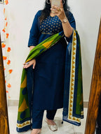 Royal Indigo Mirror Work Cotton Kurti Set