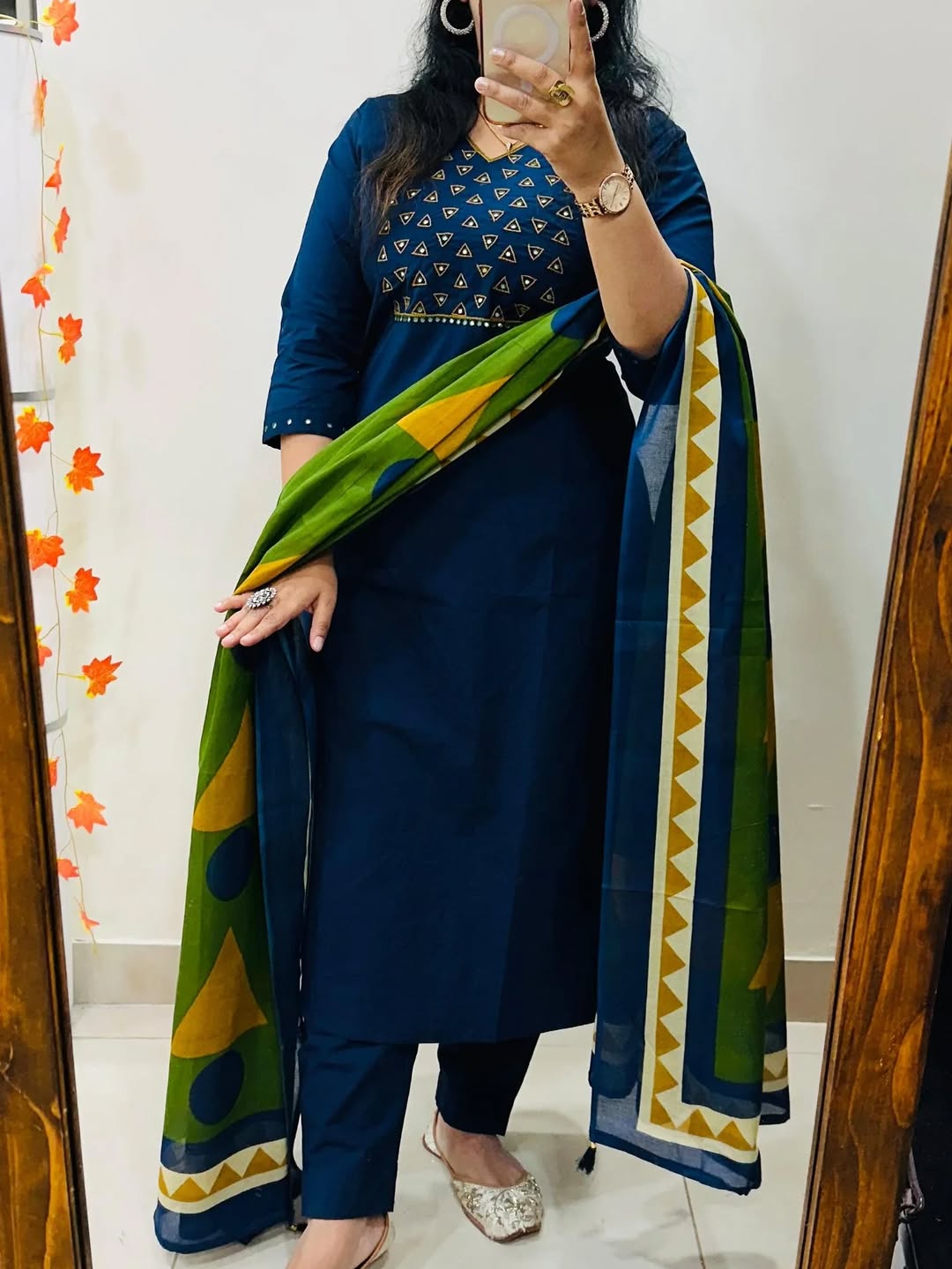 Royal Indigo Mirror Work Cotton Kurti Set