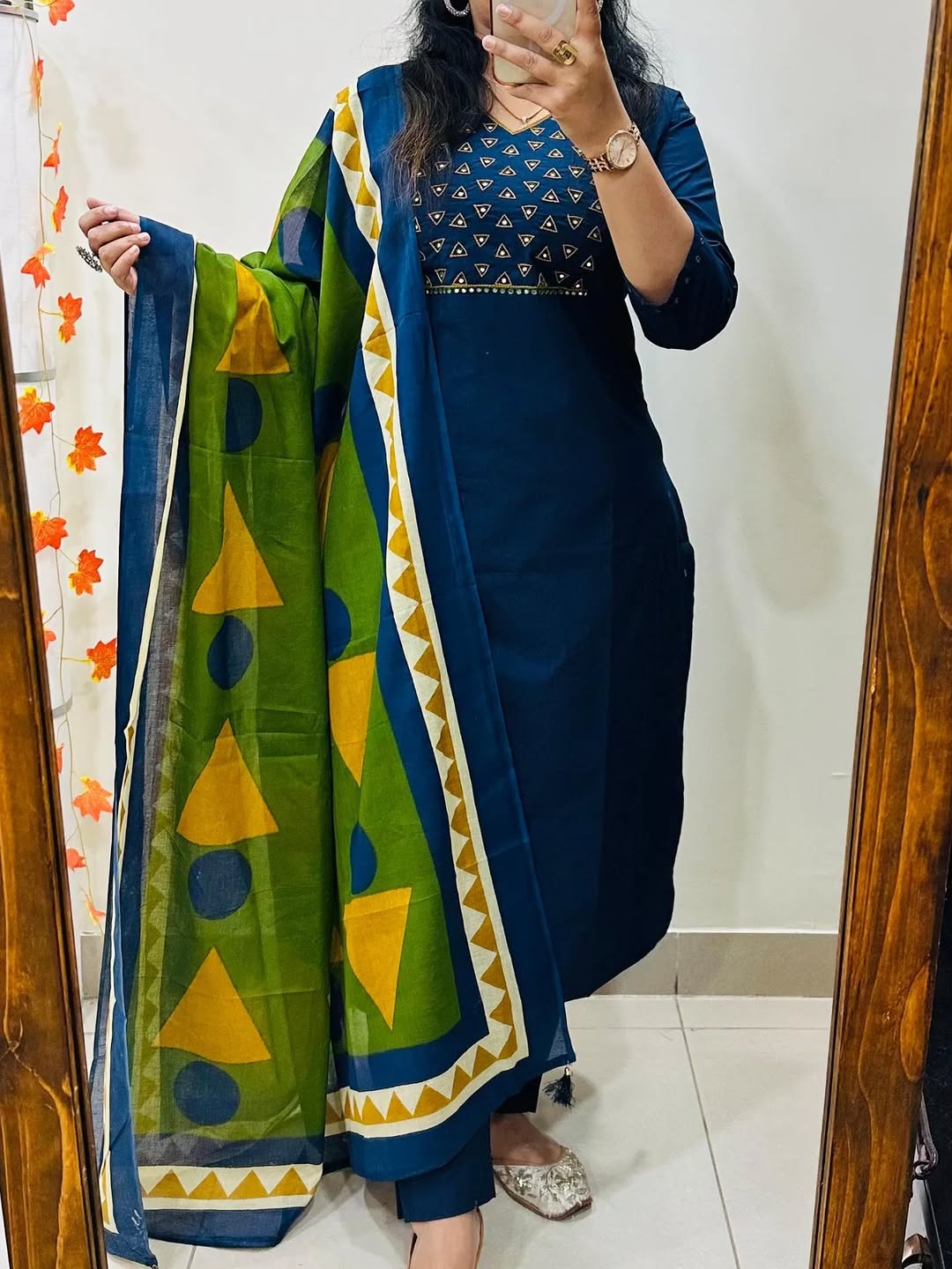 Royal Indigo Mirror Work Cotton Kurti Set