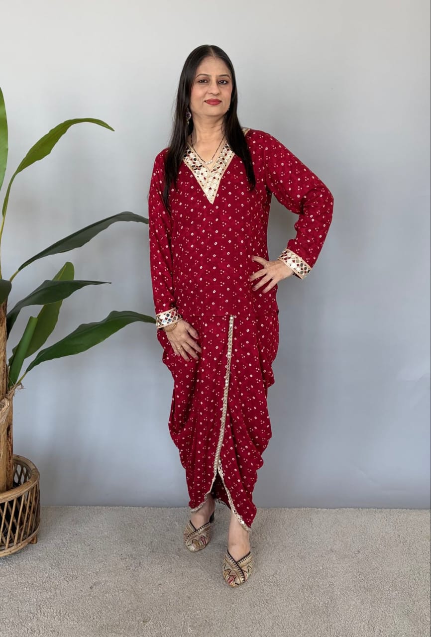 Maroon Bandhani Print Kurta Set with Dhoti Pants and Lace Detail