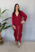 Maroon Bandhani Print Kurta Set with Dhoti Pants and Lace Detail