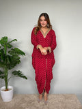 Maroon Bandhani Print Kurta Set with Dhoti Pants and Lace Detail