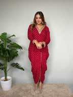 Maroon Bandhani Print Kurta Set with Dhoti Pants and Lace Detail