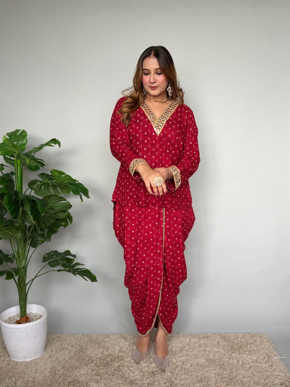 Maroon Bandhani Print Kurta Set with Dhoti Pants and Lace Detail