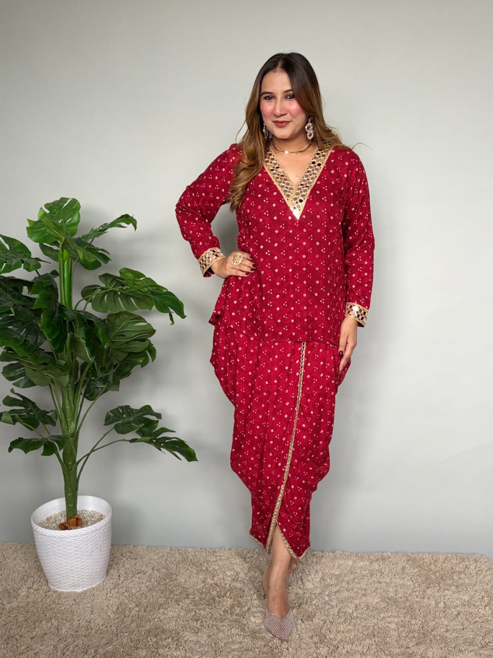 Maroon Bandhani Print Kurta Set with Dhoti Pants and Lace Detail
