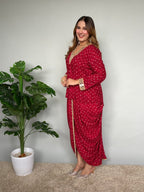 Maroon Bandhani Print Kurta Set with Dhoti Pants and Lace Detail