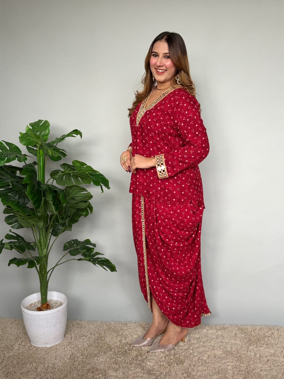 Maroon Bandhani Print Kurta Set with Dhoti Pants and Lace Detail