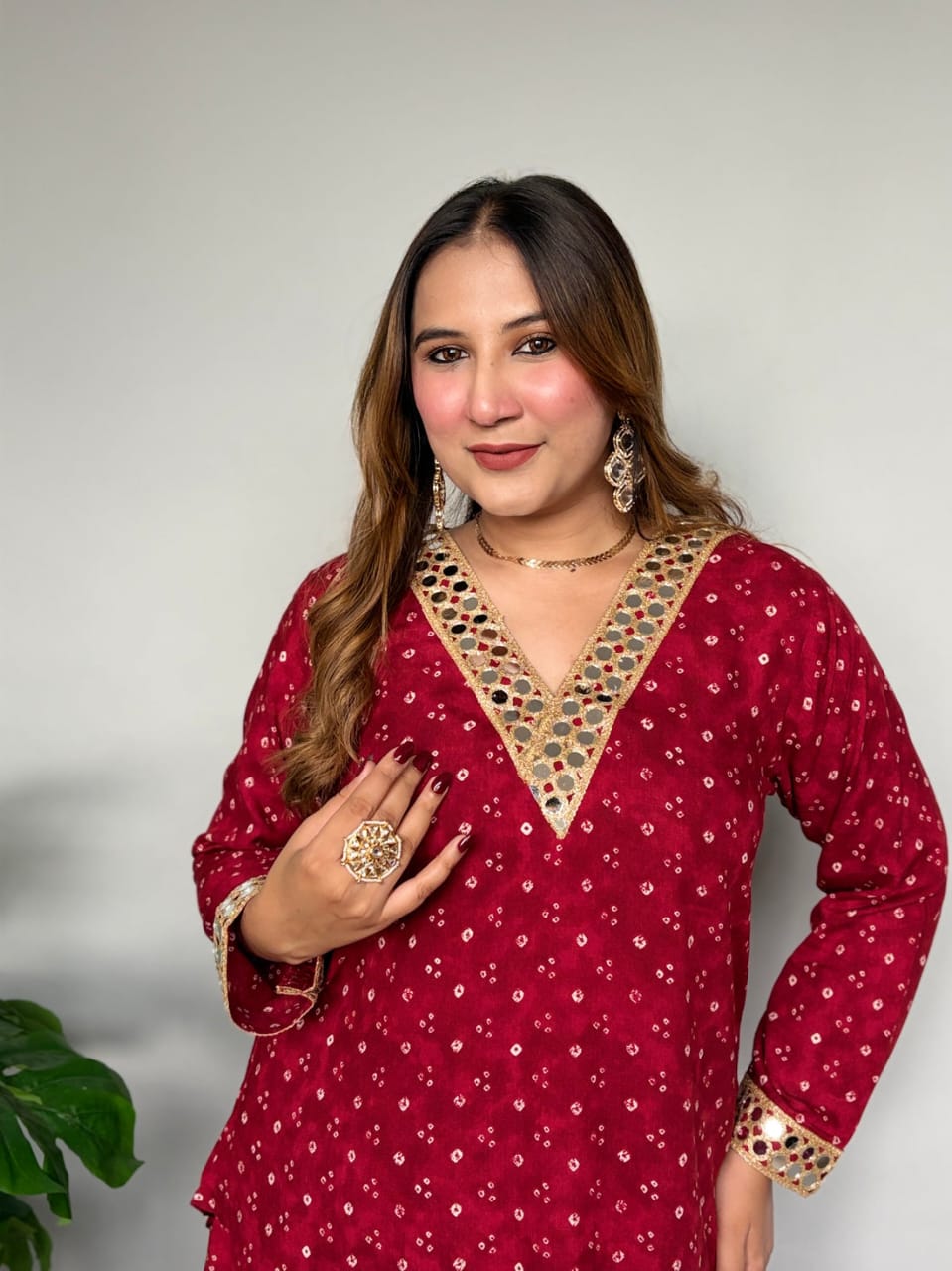 Maroon Bandhani Print Kurta Set with Dhoti Pants and Lace Detail