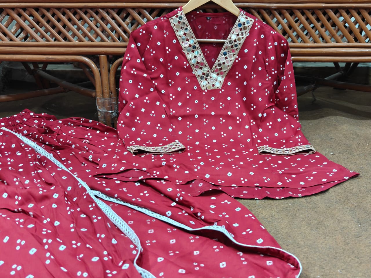 Maroon Bandhani Print Kurta Set with Dhoti Pants and Lace Detail