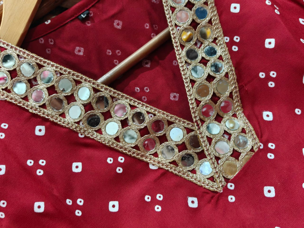 Maroon Bandhani Print Kurta Set with Dhoti Pants and Lace Detail