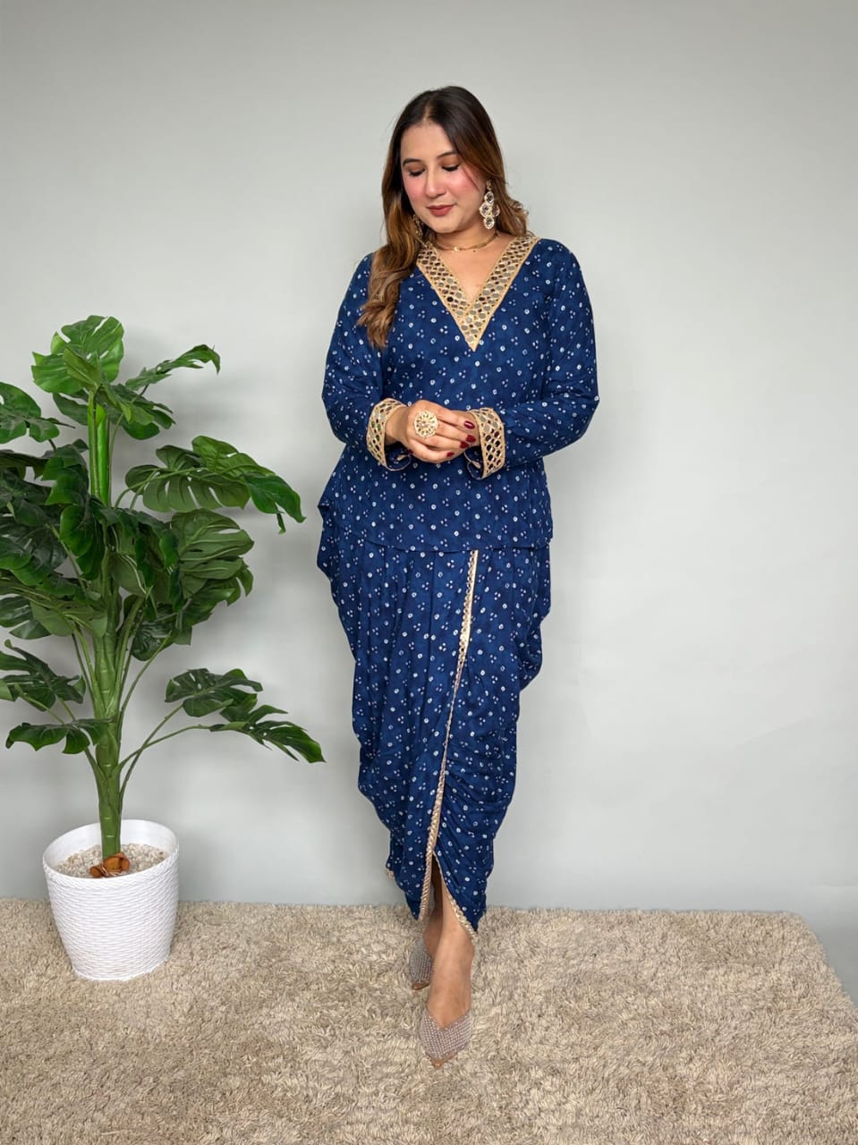 Navy Blue Bandhani Print Co-ord Set with Gota Patti Lace Detail
