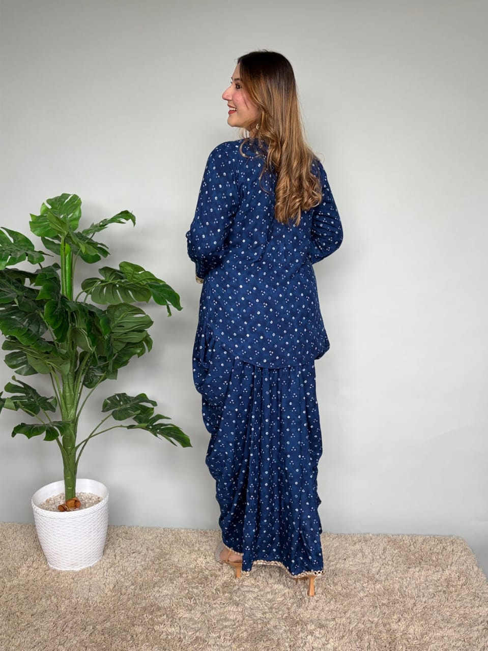 Navy Blue Bandhani Print Co-ord Set with Gota Patti Lace Detail