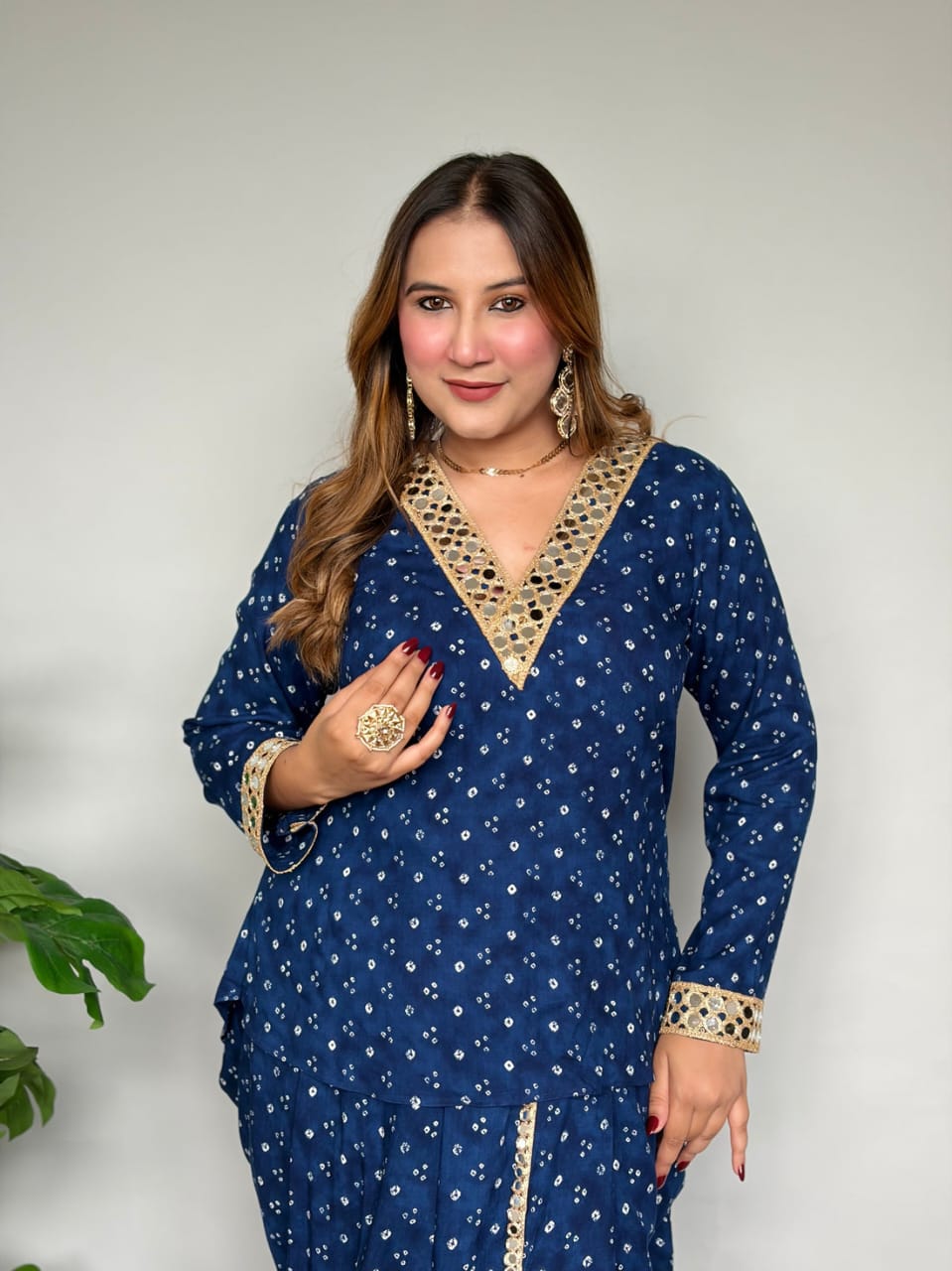 Navy Blue Bandhani Print Co-ord Set with Gota Patti Lace Detail