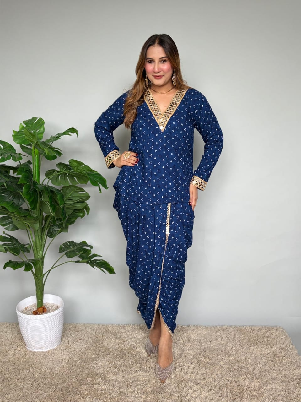 Navy Blue Bandhani Print Co-ord Set with Gota Patti Lace Detail