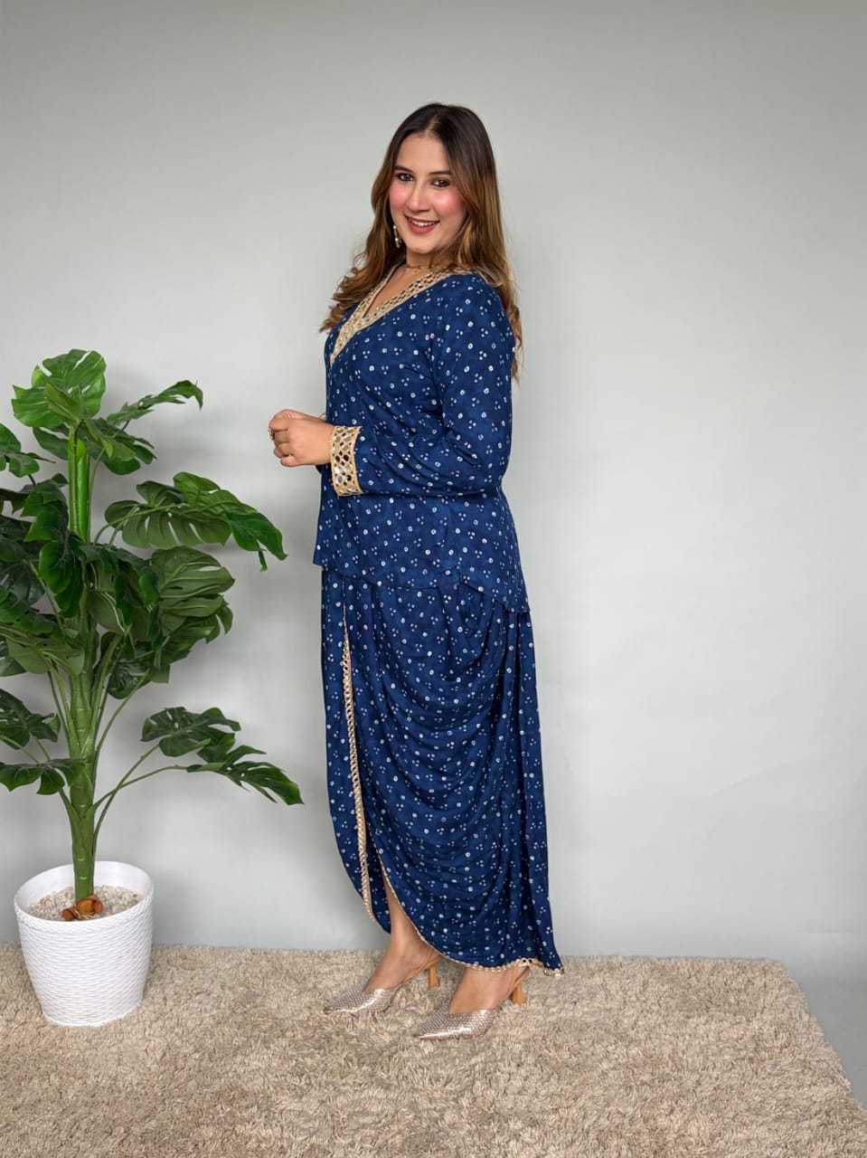 Navy Blue Bandhani Print Co-ord Set with Gota Patti Lace Detail