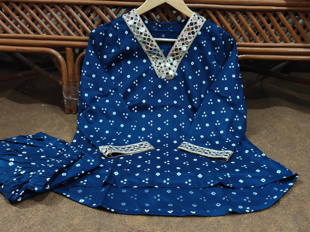 Navy Blue Bandhani Print Co-ord Set with Gota Patti Lace Detail