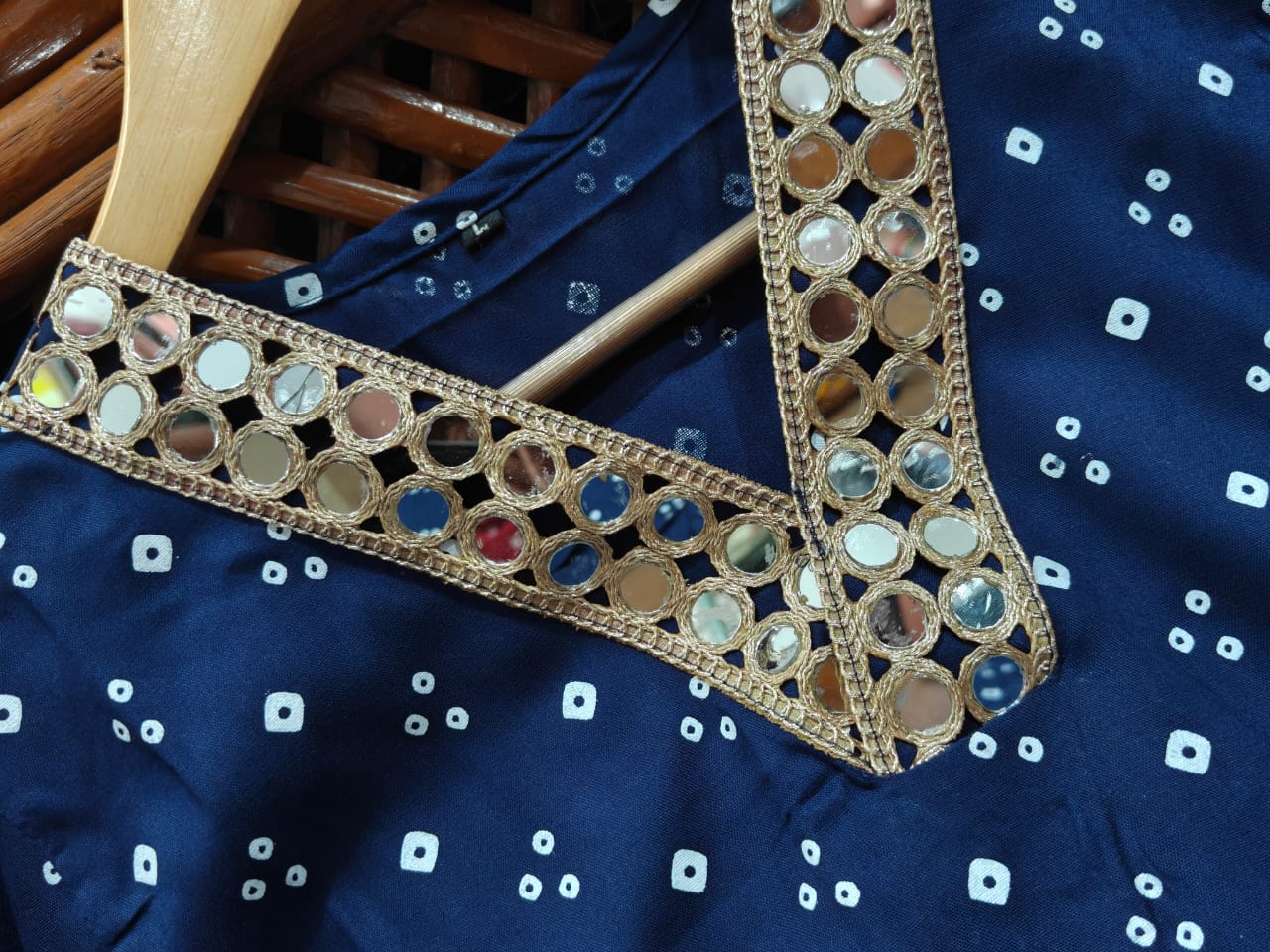 Navy Blue Bandhani Print Co-ord Set with Gota Patti Lace Detail