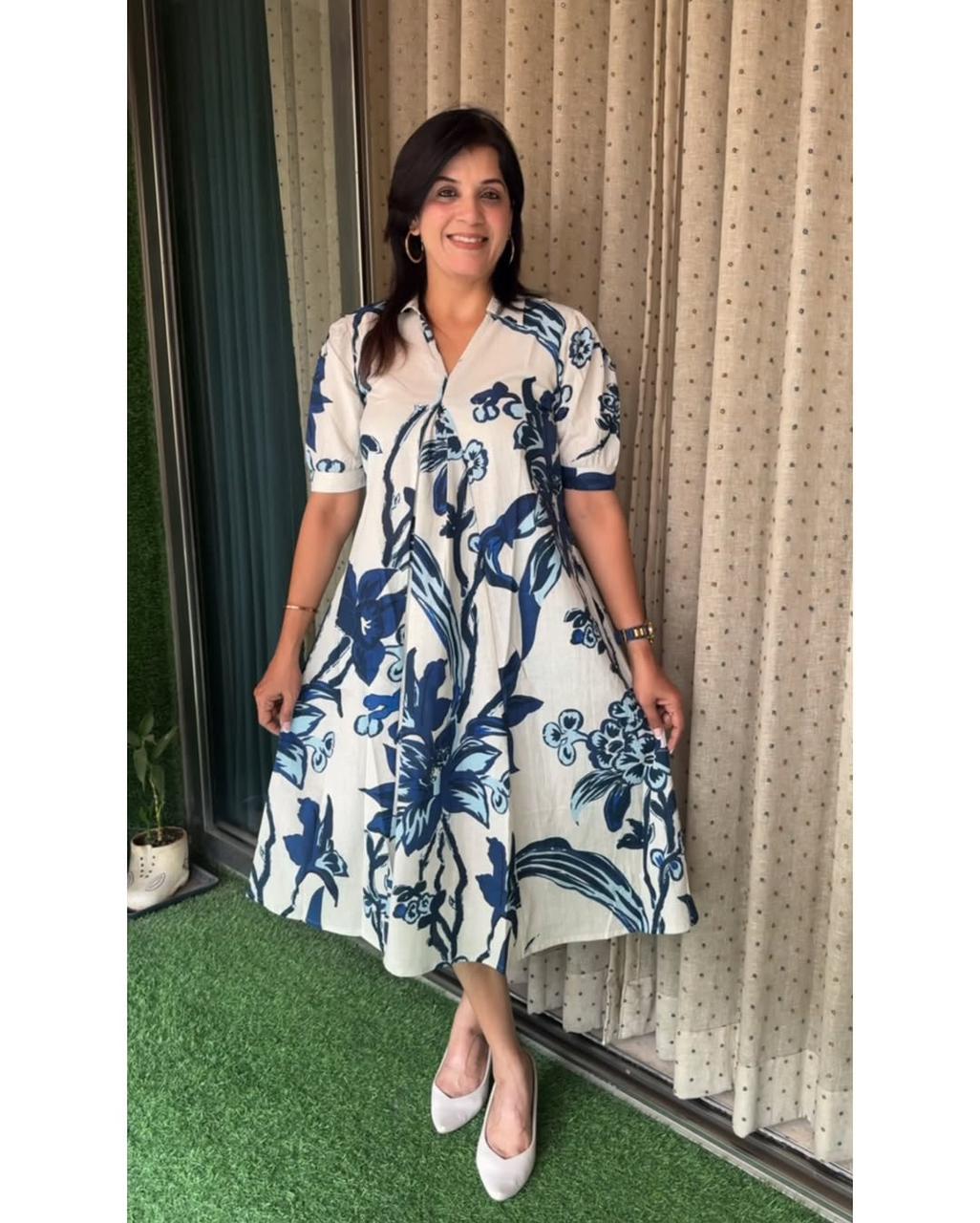 Azure Bloom Hand-Block Inspired Indo-Western Dress