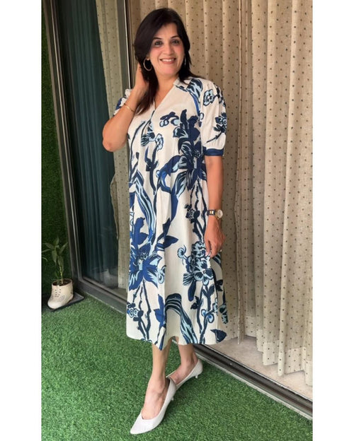 Azure Bloom Hand-Block Inspired Indo-Western Dress