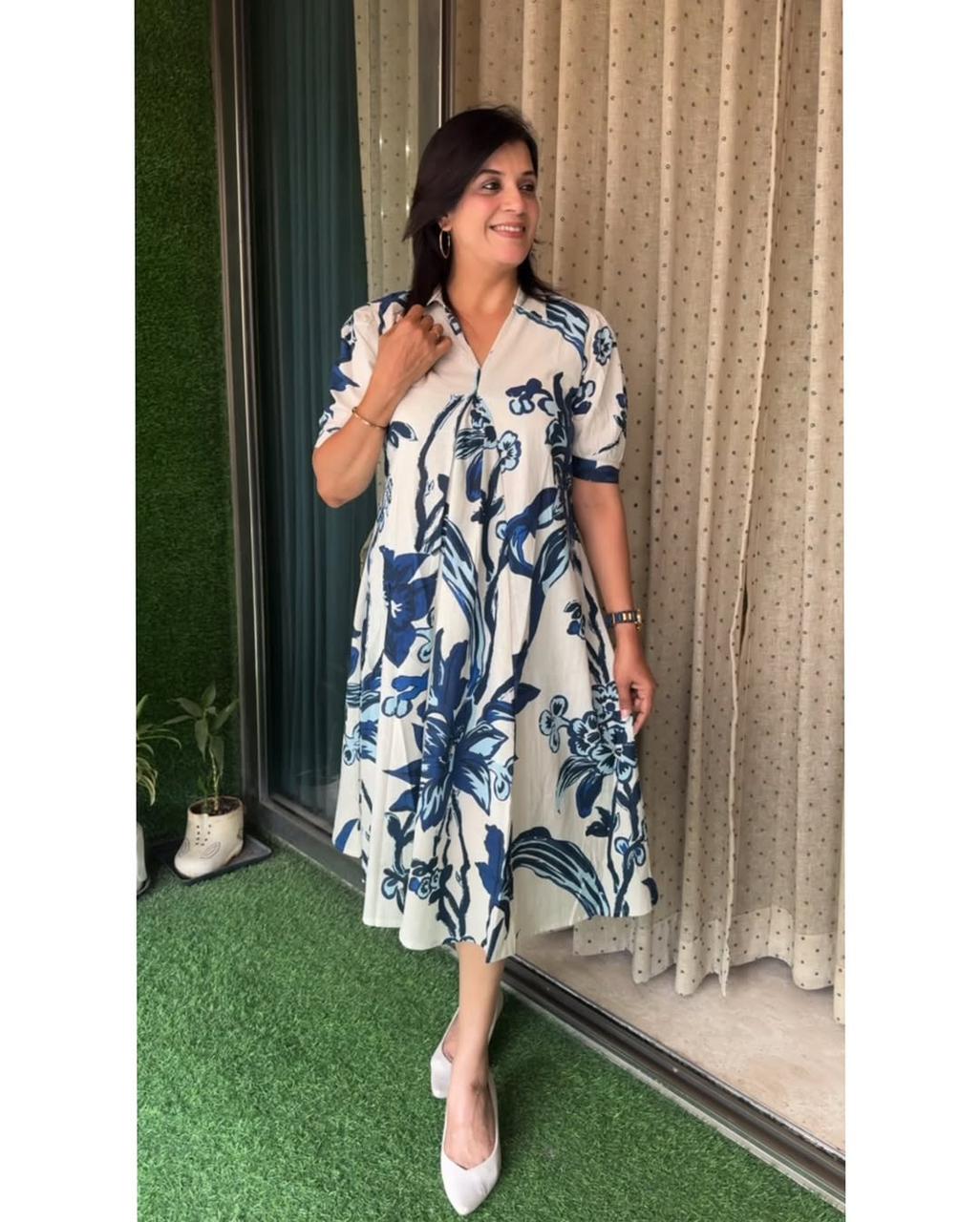 Azure Bloom Hand-Block Inspired Indo-Western Dress