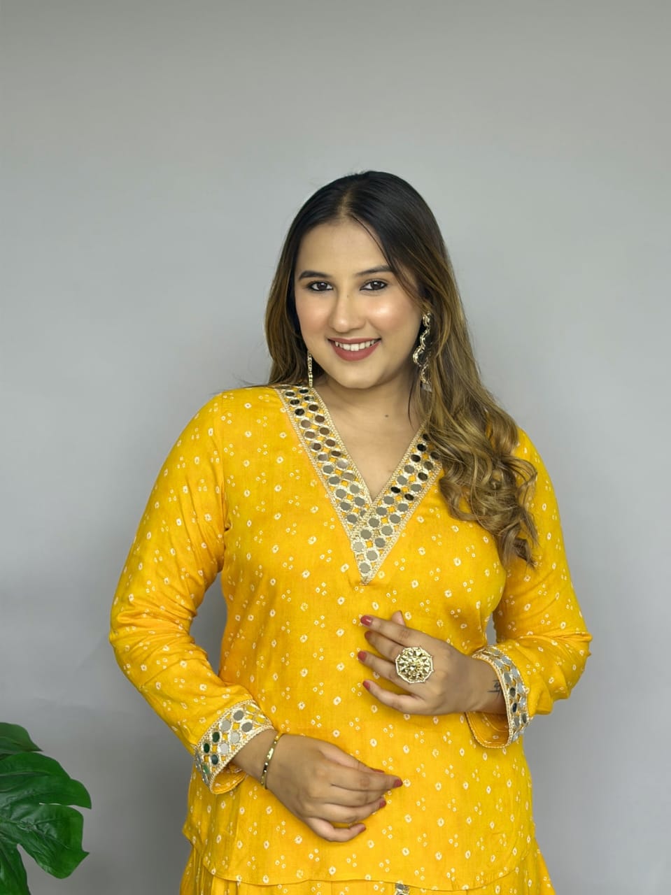 Yellow Bandhani Print Dhoti Co-ord Set with Mirror Work