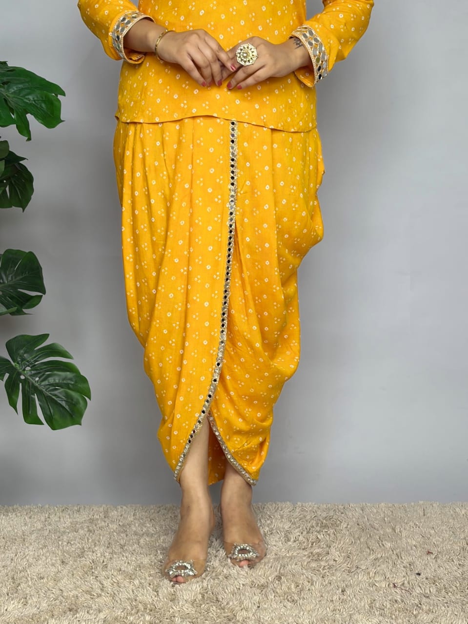 Yellow Bandhani Print Dhoti Co-ord Set with Mirror Work